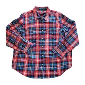 LAUREN Ralph Lauren Womens Plus 1X Red Plaid Button Down Shirt Holiday Christmas